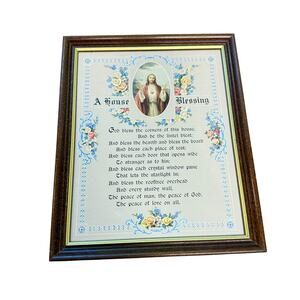 Vintage A House Blessing Sacred Heart Jesus Christ Catholic Framed MCM Wall Art